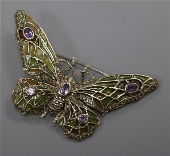 A silver, marcasite and gem set plique a jour butterfly brooch, 78mm.